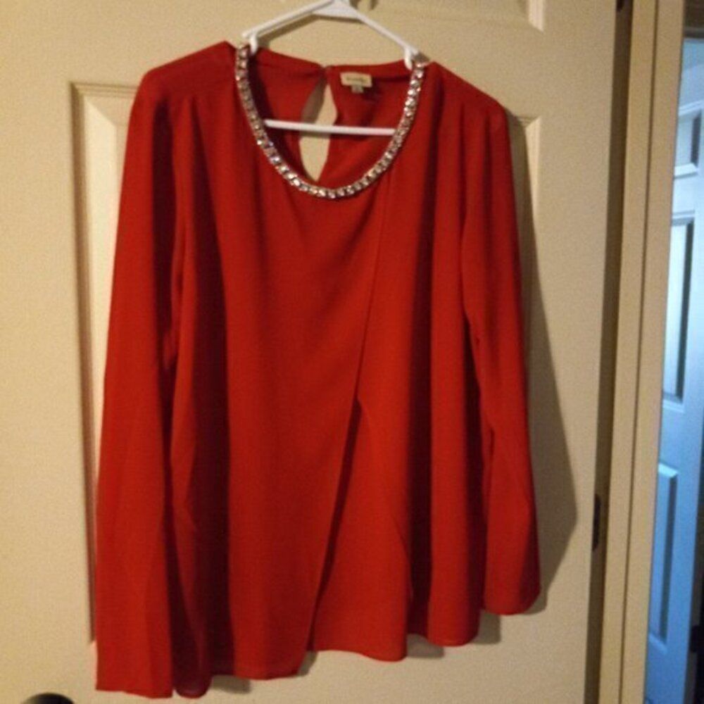 Cremieux Red Rhinestone Neckline Overlay Blouse Size M